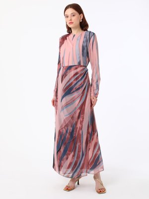 Drape Detaylı Pembe Zebra Desenli Elbise