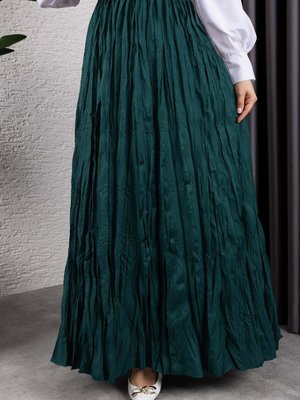 Yeşil Kırışık Kumaş Uzun Etek