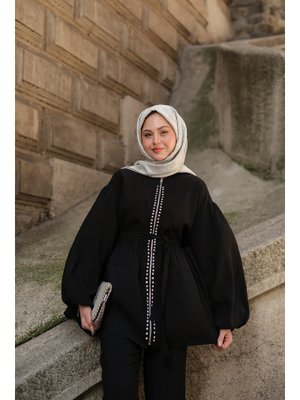 Siyah Fermuarlı Taş Detaylı İkili Takım Siyah Fermuarlı Taş Detaylı İkili Takım