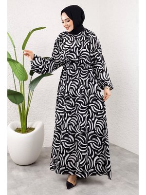 Siyah Desenli Beli Lastikli Viskon Elbise