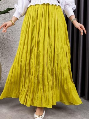 Sarı Kırışık Kumaş Uzun Etek
