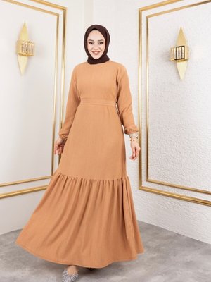 Bej Belden Kuşaklı Ve Bisiklet Yaka Bürümcük Kumaş Elbise Bej Belden Kuşaklı Ve Bisiklet Yaka Bürümcük Kumaş Elbise