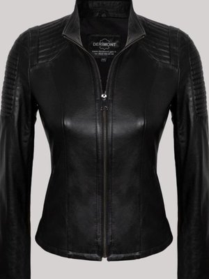 Siyah Hakiki Kuzu Derisi Omuzdan Çizgi Desenli Deri Mont