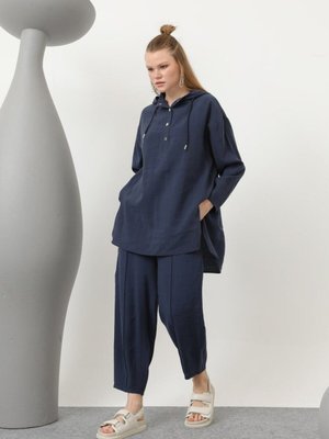 Lacivert Lyocell Kumaş Kapişonlu İkili Takım