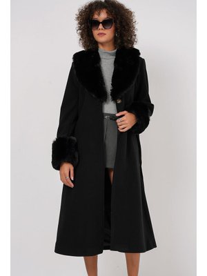Siyah Kürk Detay Uzun Kaban