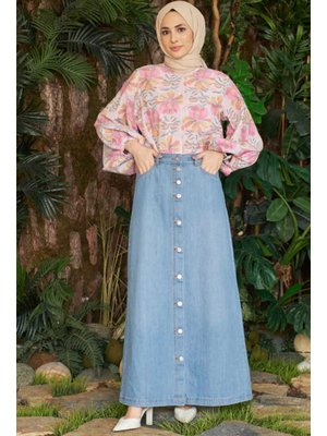 Mavi Düğmeli Kot Etek