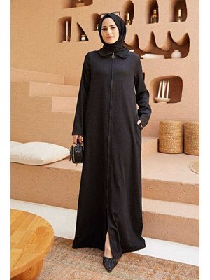 Siyah Denim Fermuarlı Ferace