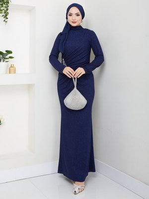 Lacivert Kardelen Tesettür Abiye Elbise