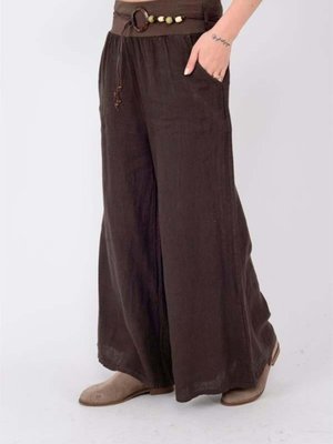 Kahverengi İtalyan Korsajlı Tokalı Kemerli Bol Paçalı Keten Pantolon