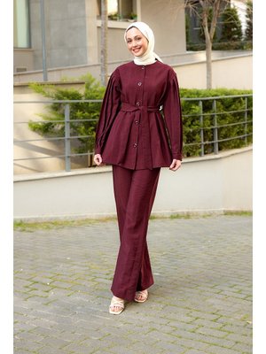 Bordo Pile Detaylı Kuşaklı İkili Takım Bordo Pile Detaylı Kuşaklı İkili Takım