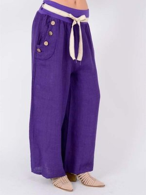 Mor İtalyan Korsajlı Düğme Detay Otantik Kemerli Bol Paçalı Keten Pantolon