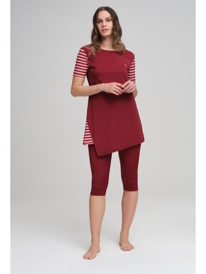 Haşema Çizgili Yarım Kol Bordo Havuz Mayo