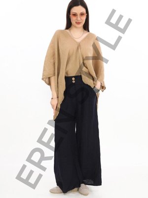 Lacivert İtalyan Düğme Detay Otantik Kemerli Bol Paçalı Keten Pantolon