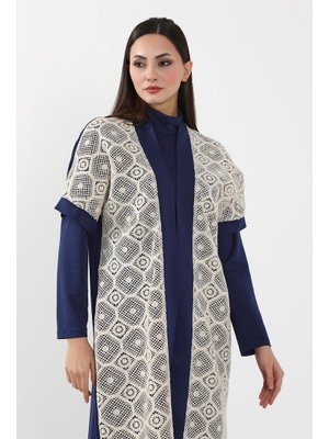 Lacivert Dantel Detaylı Kısa Kol Kimono Tunik,sw