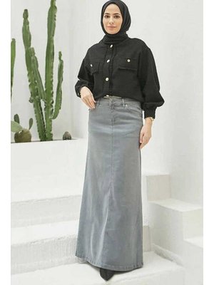 Gri Denim Klasik Etek