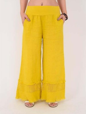 Sarı İtalyan Fisto Paça Detaylı Keten Pantolon