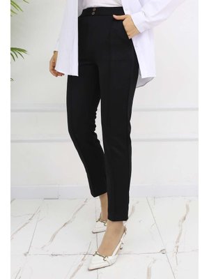 Siyah Çift Düğme Detaylı Cepli Havuç Pantolon