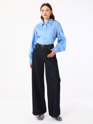 Mavi Balon Kollu Manşetli Bluz / Gömlek