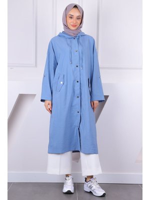 İndigo Kapüşonlu Çıçıtlı Kap İndigo Kapüşonlu Çıçıtlı Kap