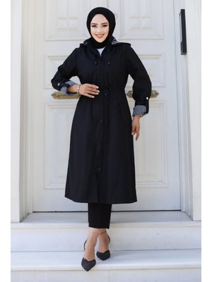 Siyah Önden Çıtçıtlı Astarı Çizgili Trençkot