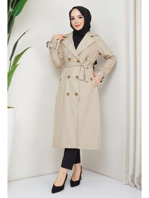 Kruvaze Yaka Kuşaklı Astarlı Taş Trençkot