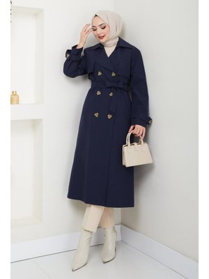 Taşlı Toka Detaylı Astarlı Lacivert Trençkot