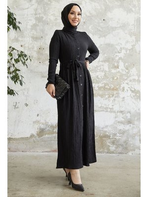 Siyah Lemina Kuşaklı Elbise