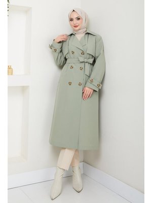 Taşlı Toka Detaylı Astarlı Mint Yeşili Trençkot