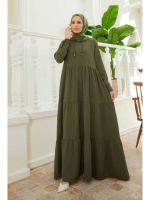 Haki Berlin Kapüşonlu Reglan Kollu Elbise