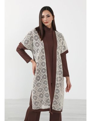 Kahverengi Dantel Detaylı Kısa Kol Kimono Tunik,sw