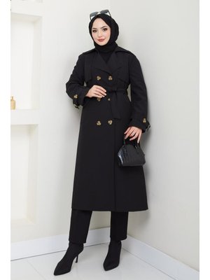 Omuzları Apolet Detaylı Astarlı Siyah Trençkot