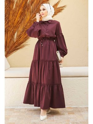 Bordo Büzgülü Bağcıklı Elbise