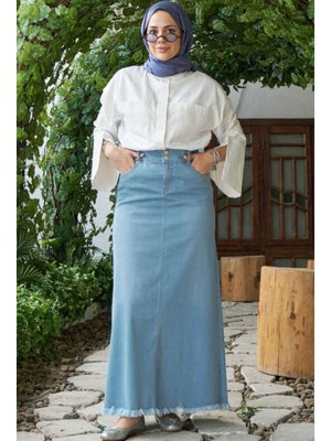 Açık Mavi Denim Püsküllü Etek