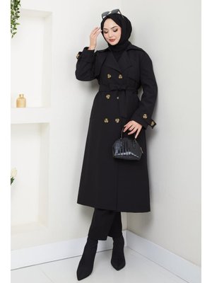 Taşlı Toka Detaylı Astarlı Siyah Trençkot