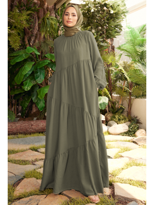 Haki Denim Büzgülü Tensel Elbise