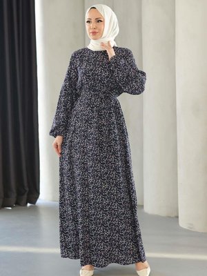 Lacivert Küçük Çicek Desenli Viskon Elbise