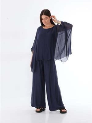 Koyu Lacivert Italyan Korse Belli Astarlı İpek Pantolon