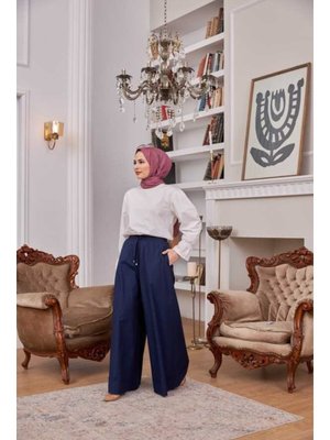 Lacivert Denim Lastikli Bol Paça Pantolon Lacivert Denim Lastikli Bol Paça Pantolon