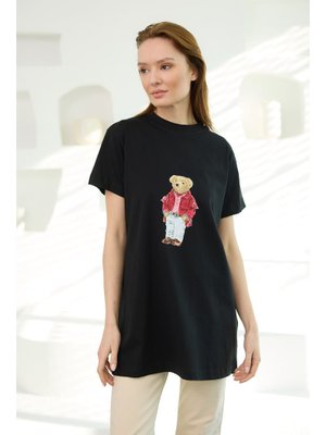 Siyah Erkek Ayıcık Baskılı Basic Kısa Kollu İçlik Siyah Erkek Ayıcık Baskılı Basic Kısa Kollu İçlik