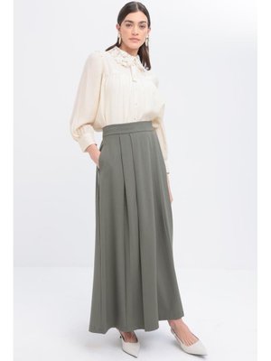 Haki Önü Pileli Korsajlı Etek