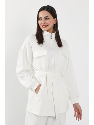 Ekru Fermuarlı Cepli Swet Ceket,sw
