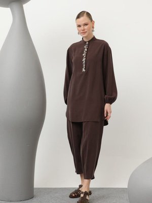 Kahverengi Cupro Kumaş Payet Ve İnci Detaylı İkili Takım
