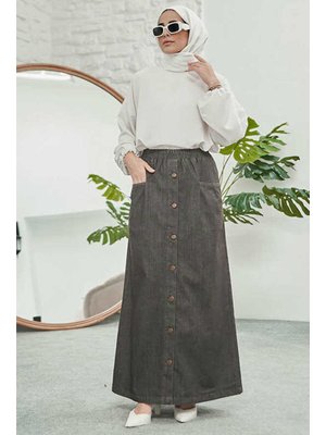 Koyu Gri Düğmeli Pileli Etek