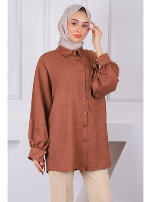 Kahverengi Kol Bağlamalı Keten Tunik