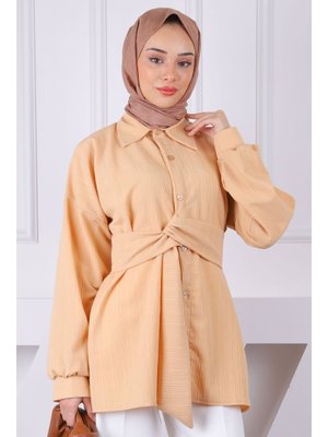 Bej Kuşak Detaylı Gömlek