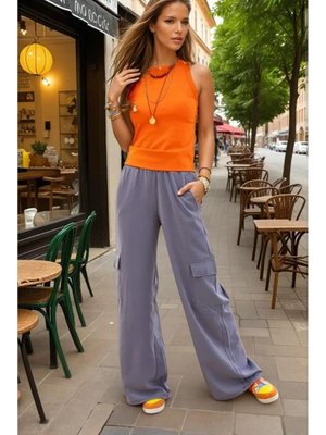 Gri Kaliteli Yumuşak Kupra Kumaş Cepli Beli Lastikli Bol Paça Kargo Pantolon Gri Kaliteli Yumuşak Kupra Kumaş Cepli Beli Lastikli Bol Paça Kargo Pantolon