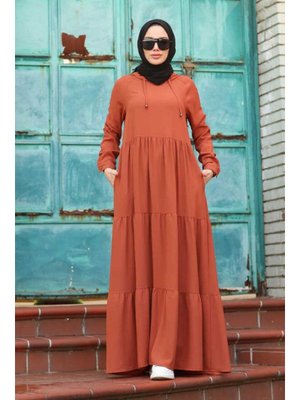 Taba Krep Kapüşonlu Reglan Kollu Elbise