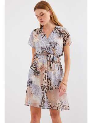Gri Kısa Kol Desenli Şifon Elbise Gri Kısa Kol Desenli Şifon Elbise