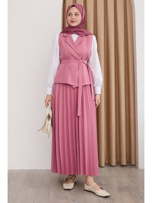 Kruvaze Yaka Piliseli Etekli Pembe Takım