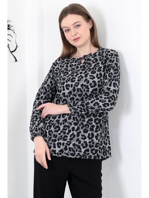Leopar Gri Bağcıklı Yaka Bürümcük